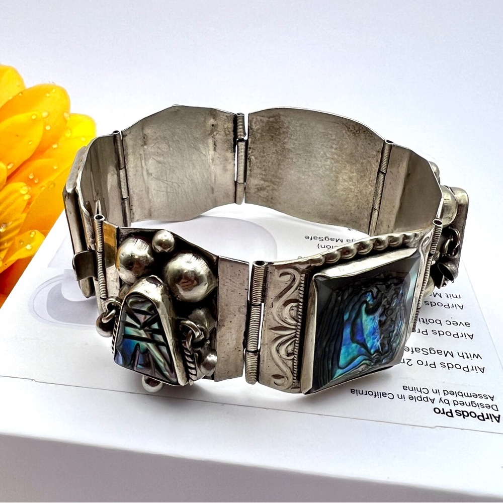 Vintage Taxco Mexico Sterling Silver & Abalone Inlay Bracelet - Eagle Mark